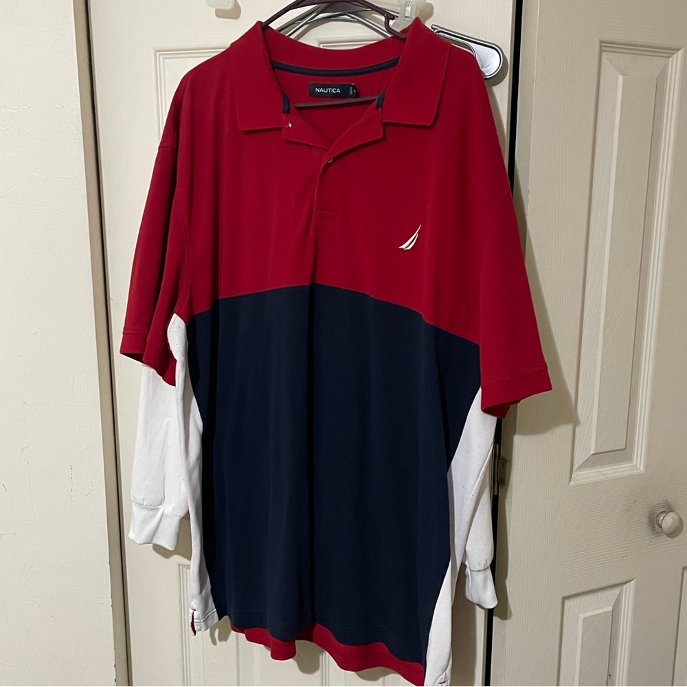Nautica Red and Navy Colorblock Polo